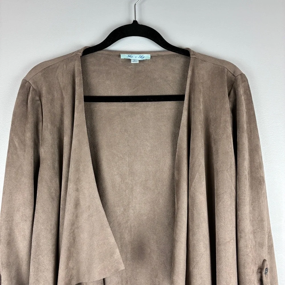 She + Sky Taupe Faux Suede Drape‎ Jacket Large Modern Boho Minimalist Waterfall